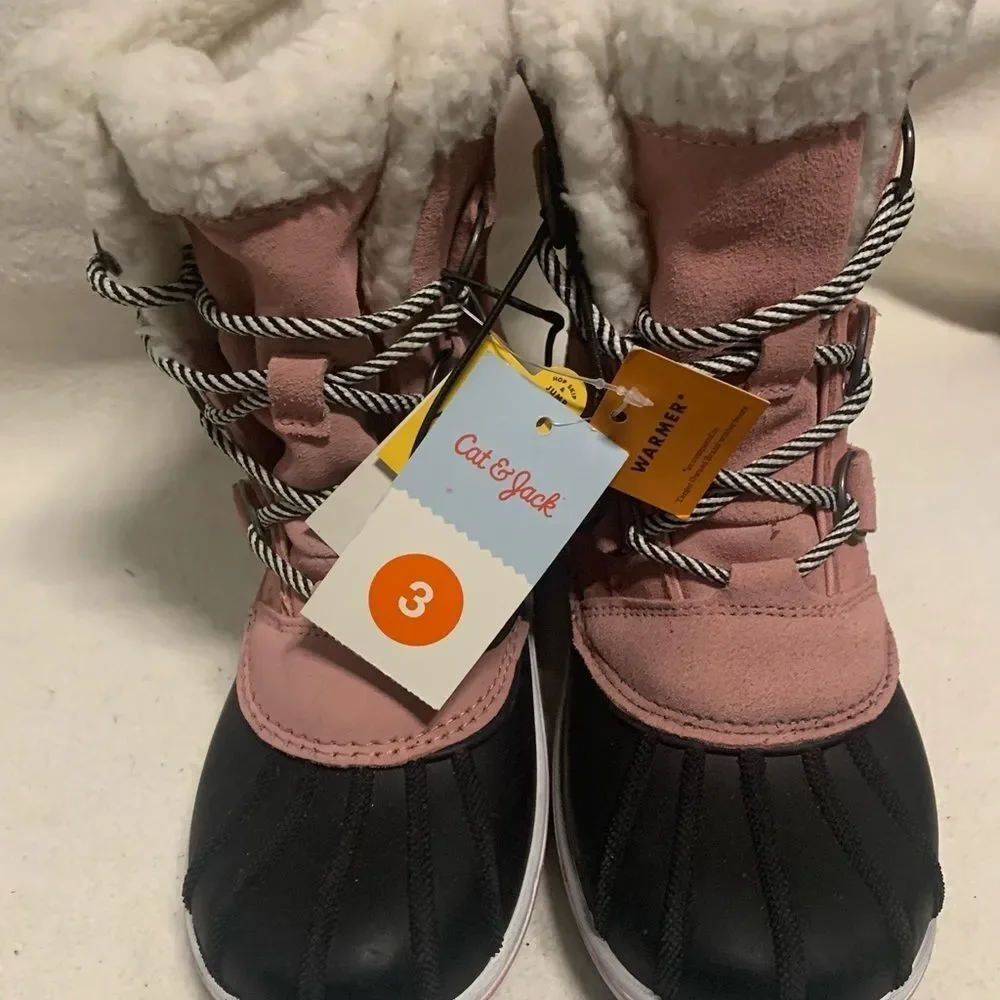 Cat And Jack Kids Easy On Winter Boots Youth Girl Sz 3 Pink Fur Lined Warm